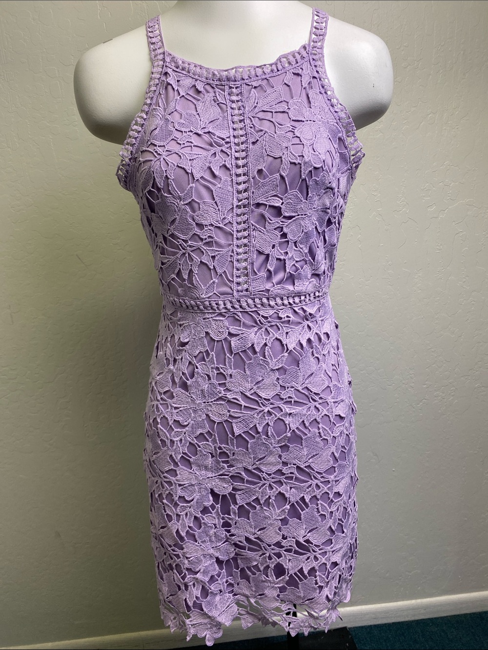 She + Sky Lavender Lace Halter Mini Dress